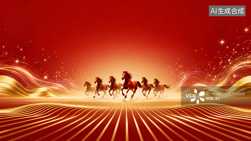 【AI数字艺术】红金色骏马奔腾海报图片素材