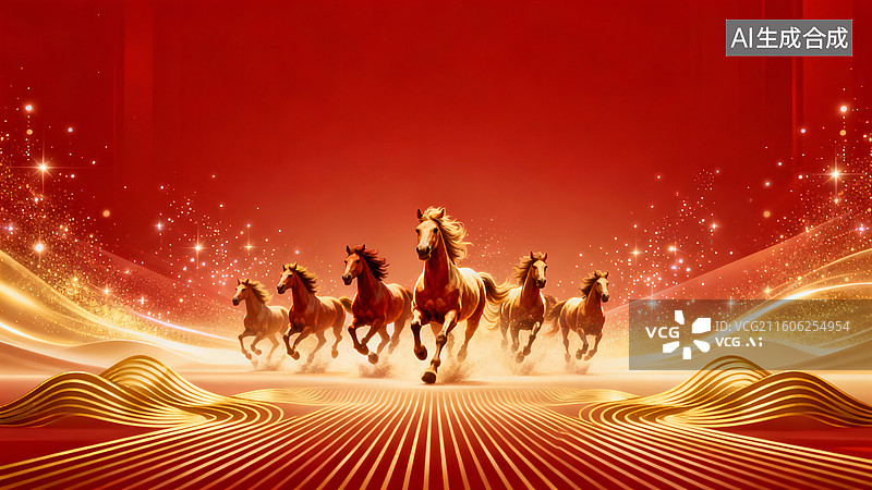 【AI数字艺术】红金色骏马奔腾海报图片素材