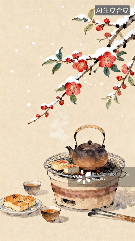 【AI数字艺术】冬日围炉煮茶插画图片素材