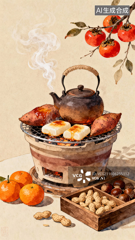【AI数字艺术】冬日围炉煮茶插画图片素材