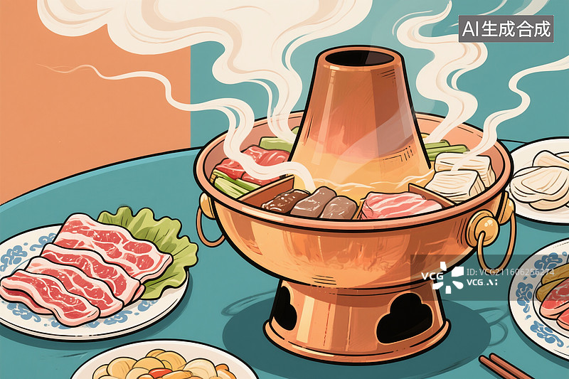【AI数字艺术】火锅，铜锅，涮肉片图片素材