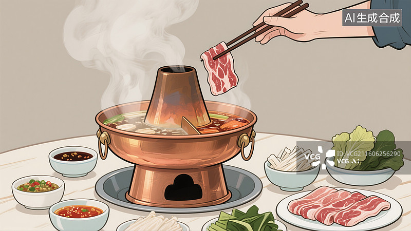 【AI数字艺术】火锅，铜锅，涮肉片图片素材