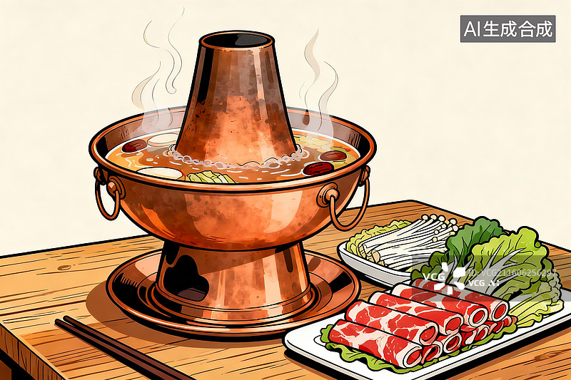 【AI数字艺术】火锅，铜锅，涮肉片图片素材