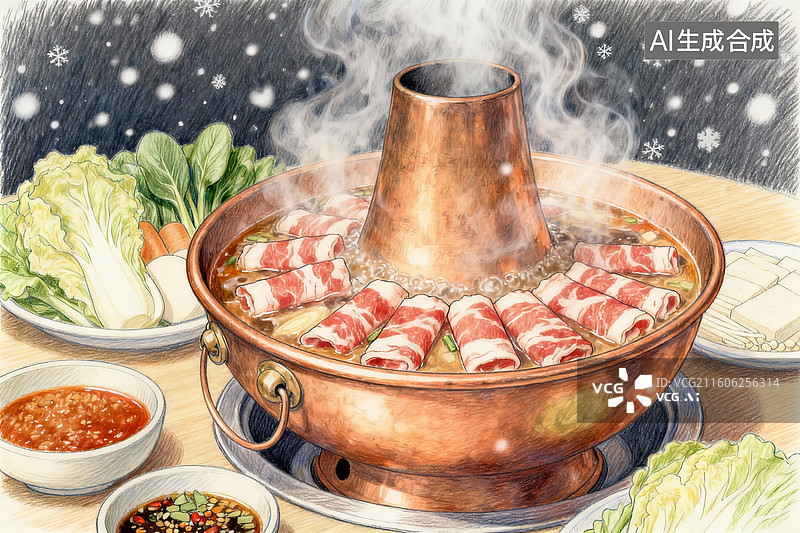 【AI数字艺术】火锅，铜锅，涮肉片图片素材