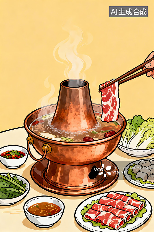 【AI数字艺术】火锅，铜锅，涮肉片图片素材