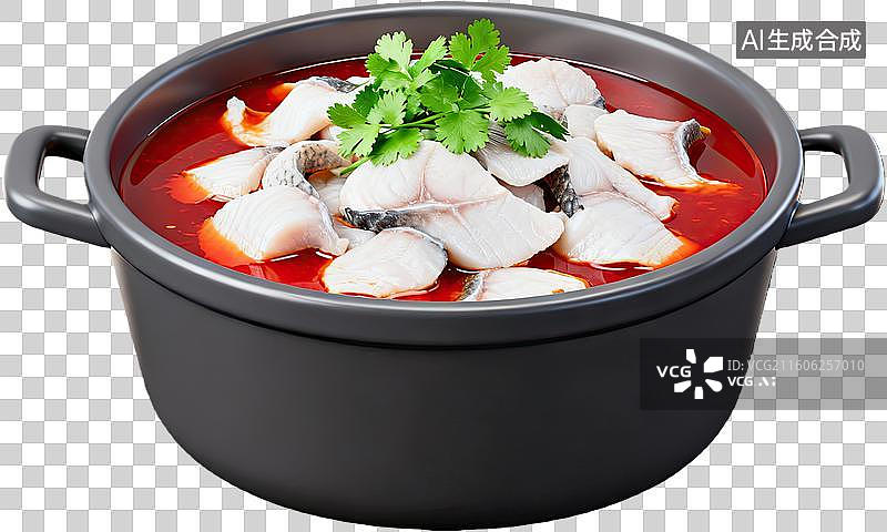【AI数字艺术】红汤鱼片盛于双耳锅中图片素材