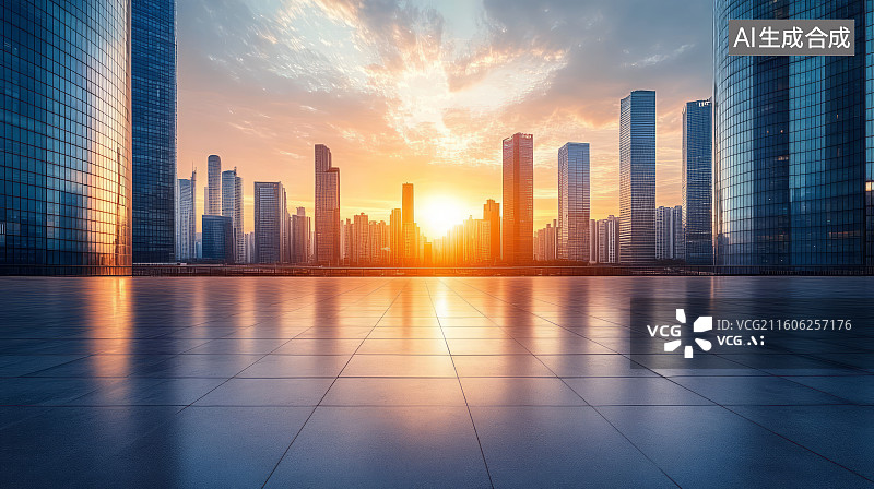 【AI数字艺术】日落黄昏下现代城市商务建筑空间图片素材