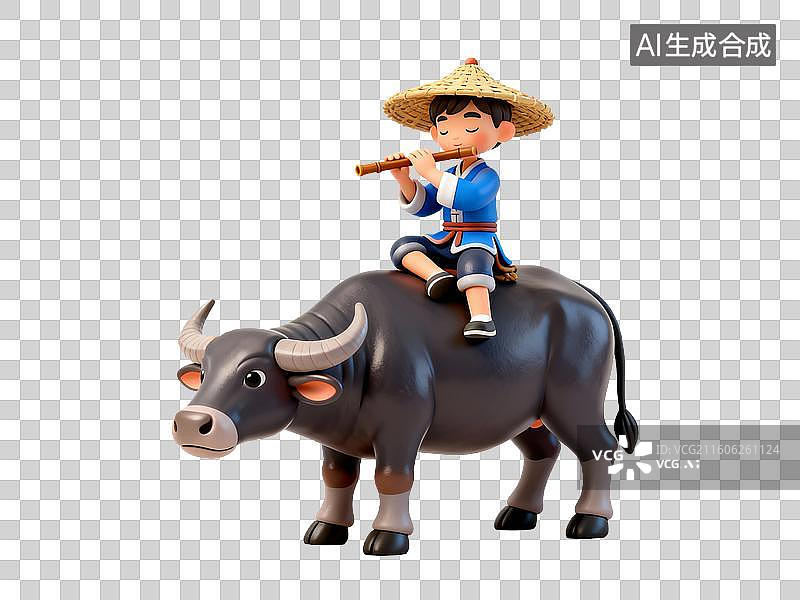 【AI数字艺术】戴草帽男孩骑水牛吹笛图片素材