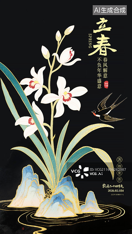 【AI数字艺术】二十四节气插画海报模版 立春，假山兰花燕子描金边国画新中式插画，春节时盛开的水仙 竖版图片素材