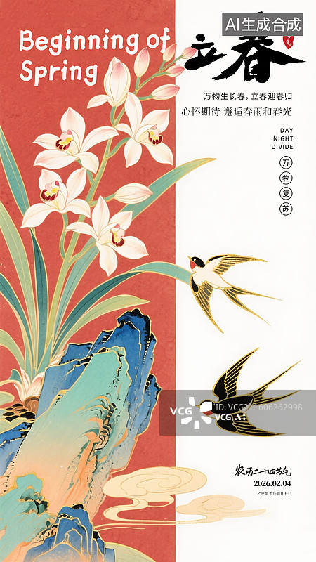 【AI数字艺术】二十四节气插画海报模版 立春，假山兰花燕子描金边国画新中式插画，春节时盛开的水仙 竖版图片素材
