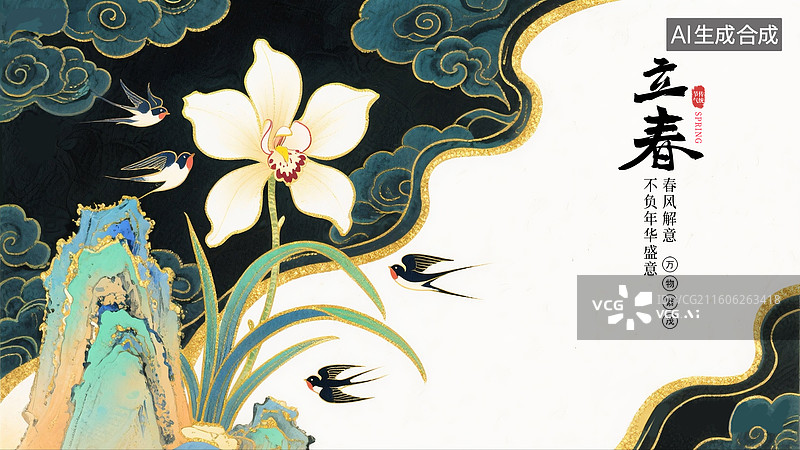 【AI数字艺术】二十四节气插画海报模版 立春，假山兰花燕子描金边国画新中式插画，春节时盛开的水仙 横版图片素材