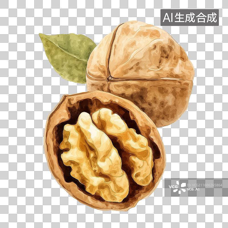 【AI数字艺术】核桃与叶子的静物插画图片素材