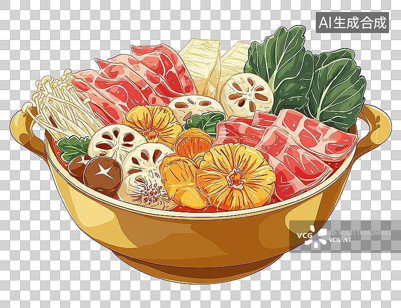 【AI数字艺术】一碗丰盛的蔬菜肉类拼盘火锅图片素材