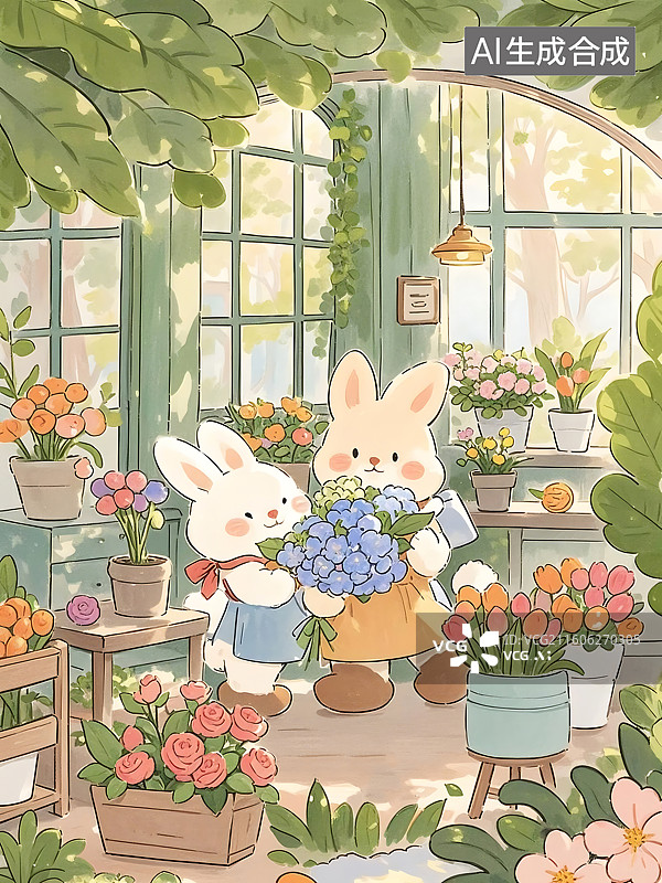 【AI数字艺术】花园里的兔子：温馨的温馨场景图片素材