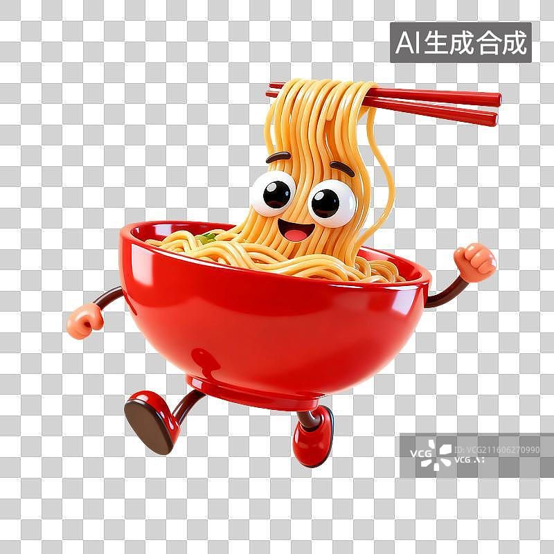 【AI数字艺术】3D渲染，卡通拟人面条，一碗挂面，面条，拉面，中国传统美食，免抠元素图片素材