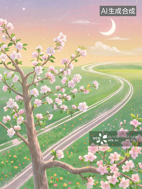 【AI数字艺术】春日田野间的樱花树图片素材