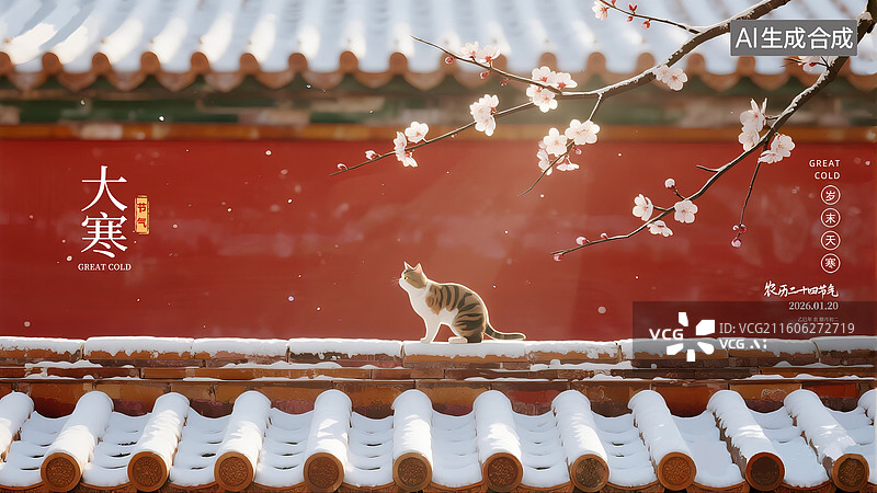 【AI数字艺术】冬天红墙屋檐上停留的猫，雪景插画，冬天盛开的腊梅，中式建筑园林红色瓦片 sam thgc图片素材