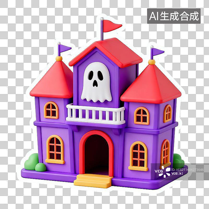 【AI数字艺术】2D贴纸风格六一儿童节插画游乐园元素鬼屋图片素材