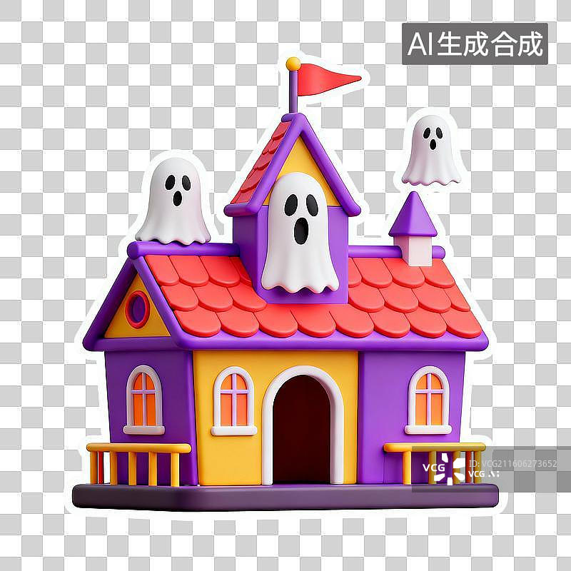 【AI数字艺术】2D贴纸风格六一儿童节插画游乐园元素鬼屋图片素材