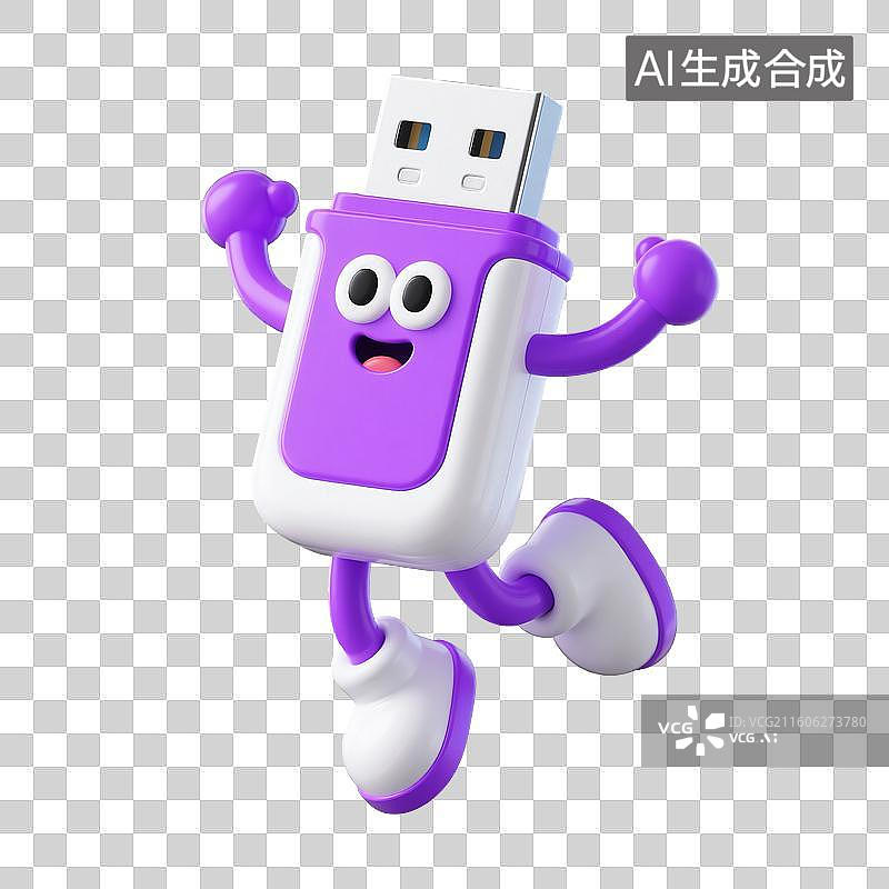 【AI数字艺术】3D渲染，拟人风格，紫色卡通U盘元素，免抠元素图片素材