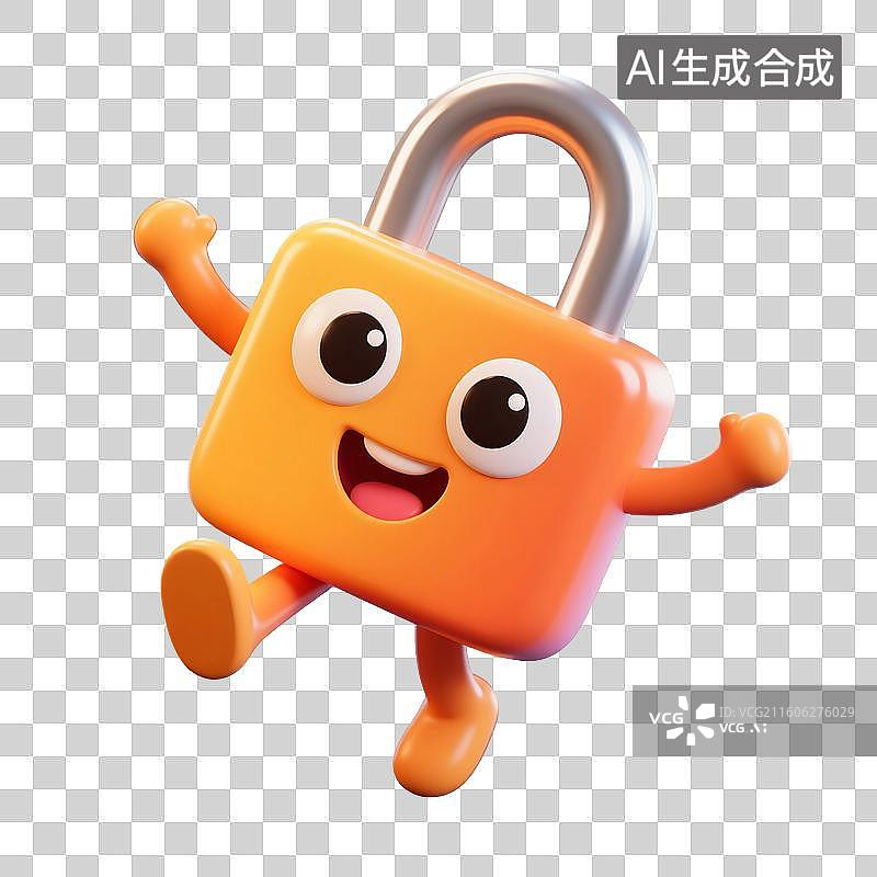 【AI数字艺术】3D渲染，橙色卡通拟人锁，锁，挂锁，一把锁，图形图标免抠元素图片素材