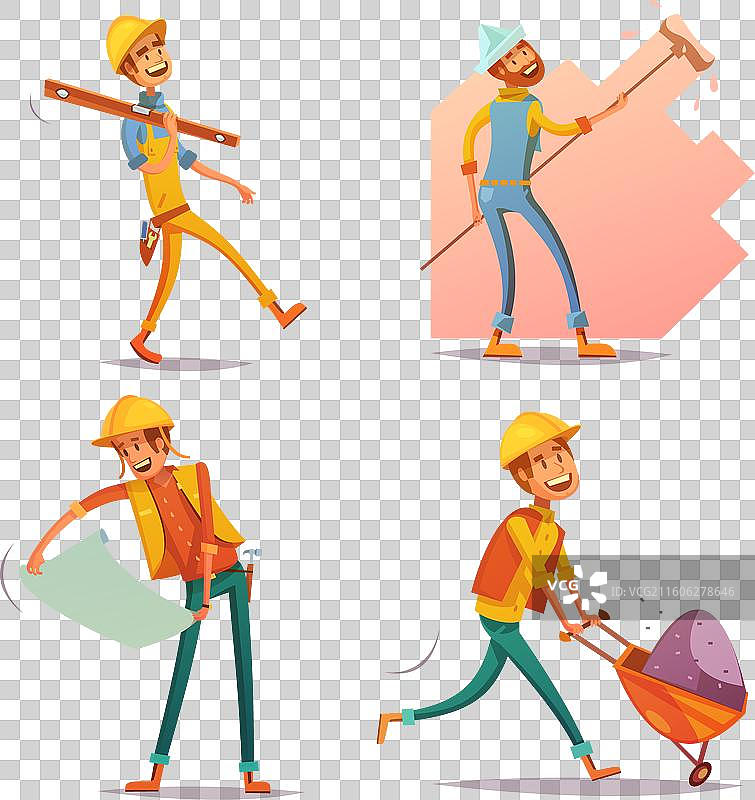 建筑工人复古卡通图标集图片素材