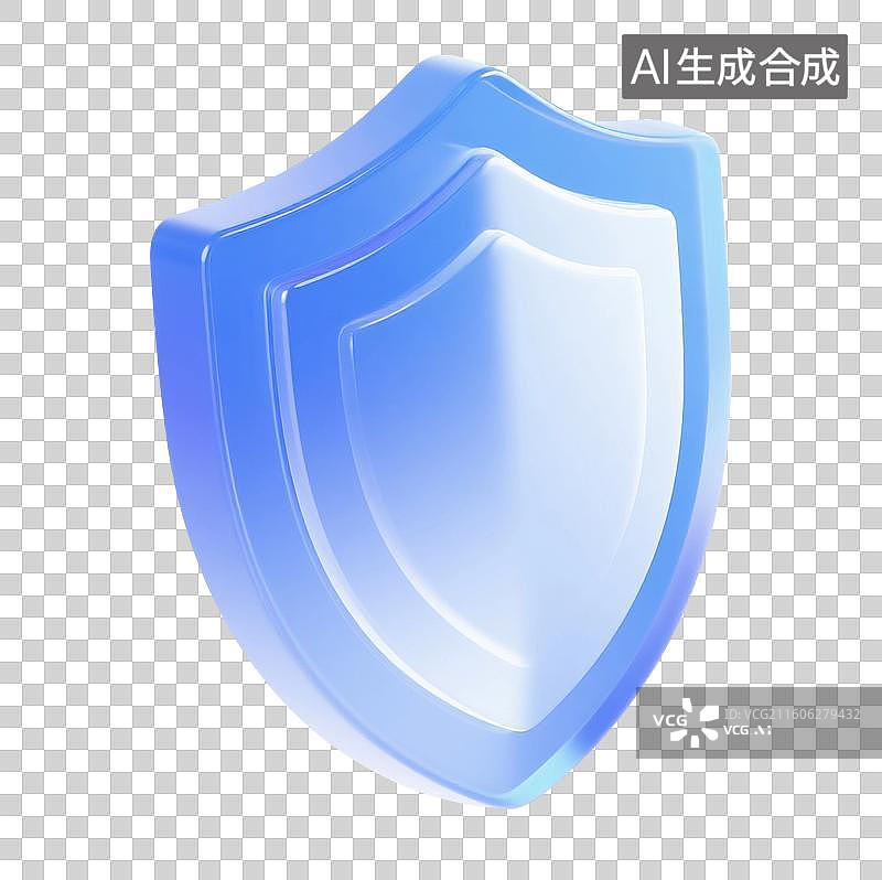 【AI数字艺术】3D渲染，蓝色透明磨砂玻璃质感，盾，盾牌，图形图标免抠元素图片素材