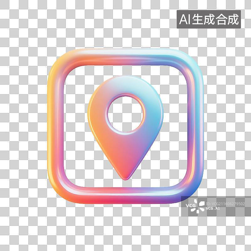 【AI数字艺术】3D渲染，炫彩激光镭射金属质感，地图，位置，图形图标，旅游旅行，露营，免抠元素图片素材