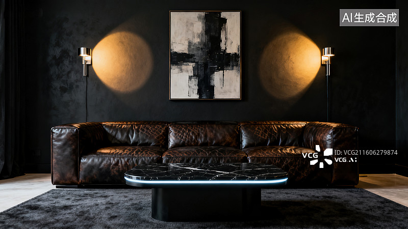 【AI数字艺术】奢华工业风的深色皮沙发黑色墙面客厅空间图片素材