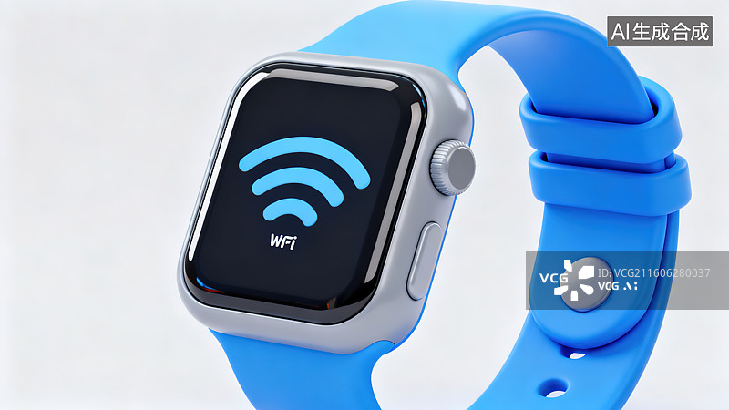 【AI数字艺术】科技 3D 的蓝色智能手表 WiFi 标识穿戴设备模型图片素材