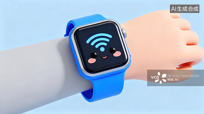 【AI数字艺术】科技 3D 的蓝色智能手表 WiFi 标识穿戴设备模型图片素材