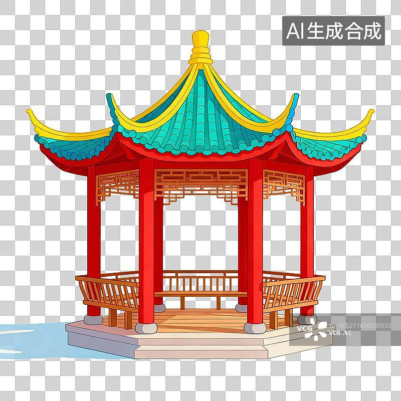 【AI数字艺术】手绘插画，凉亭，中式古代建筑，亭台楼阁，园林景观，免抠元素图片素材