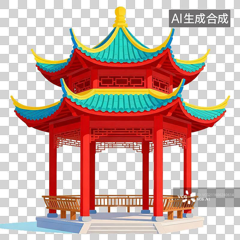 【AI数字艺术】手绘插画，凉亭，中式古代建筑，亭台楼阁，园林景观，免抠元素图片素材