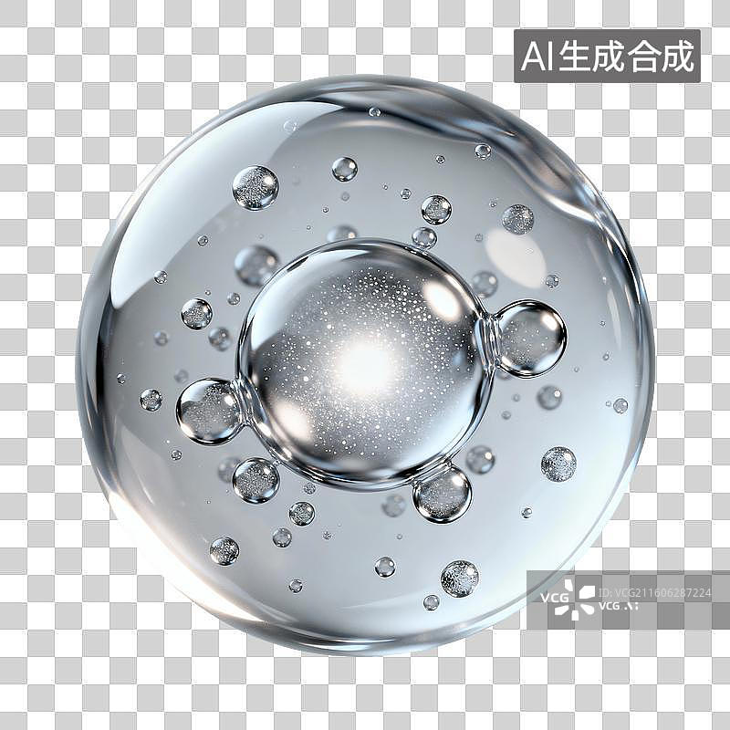 【AI数字艺术】3D渲染，银色气泡，泡泡，细胞，水滴，化学分子结构，精华液，美妆，精油，免抠元素图片素材