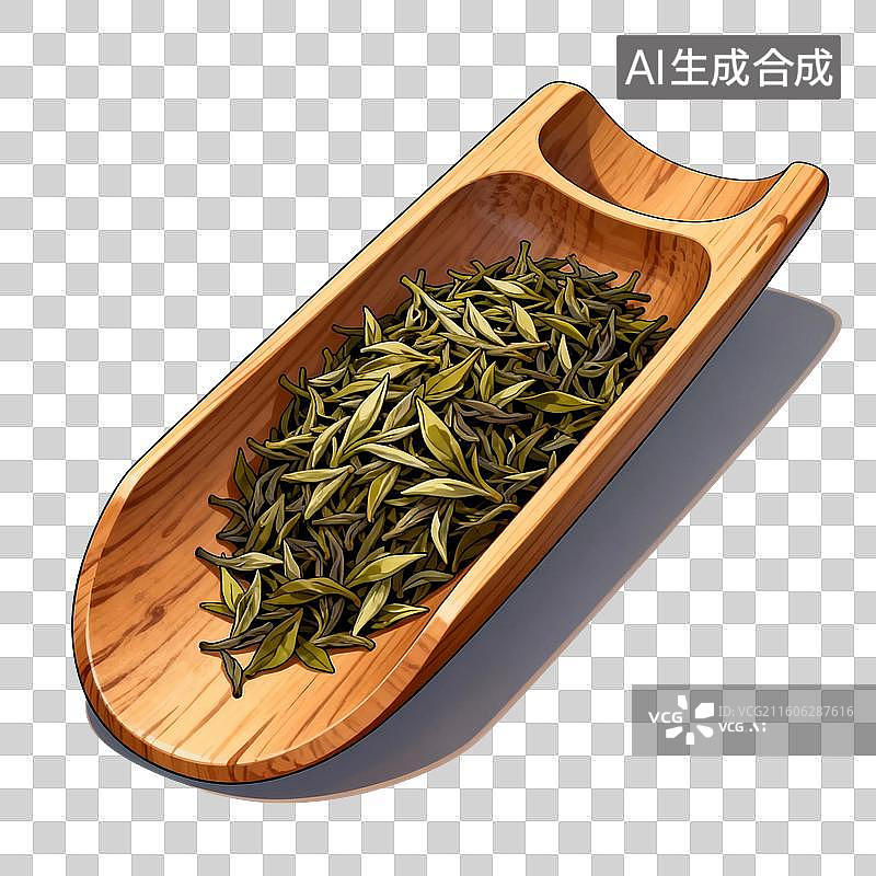 【AI数字艺术】国风手绘插画，绿茶，茶则里的茶叶，绿叶，茶叶，茶树，叶子，绿茶，春茶，茶道，茶文化免抠元素图片素材