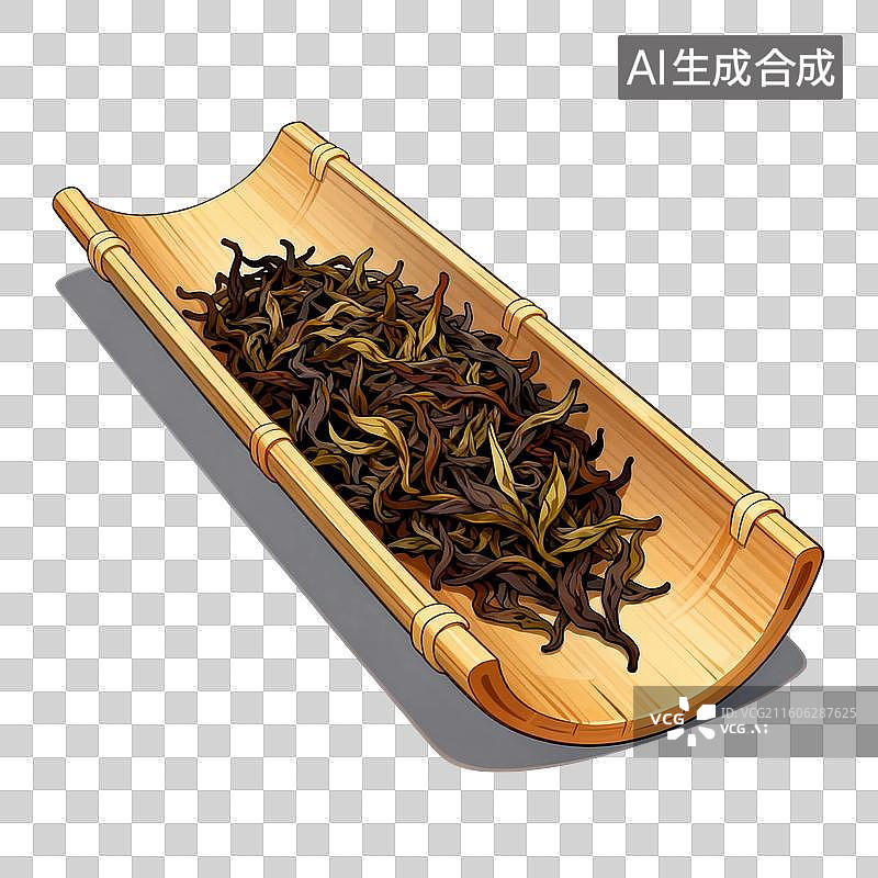 【AI数字艺术】国风手绘插画，绿茶，茶则里的茶叶，绿叶，茶叶，茶树，叶子，绿茶，春茶，茶道，茶文化免抠元素图片素材
