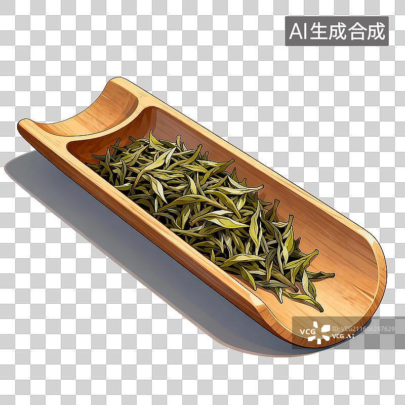 【AI数字艺术】国风手绘插画，绿茶，茶则里的茶叶，绿叶，茶叶，茶树，叶子，绿茶，春茶，茶道，茶文化免抠元素图片素材