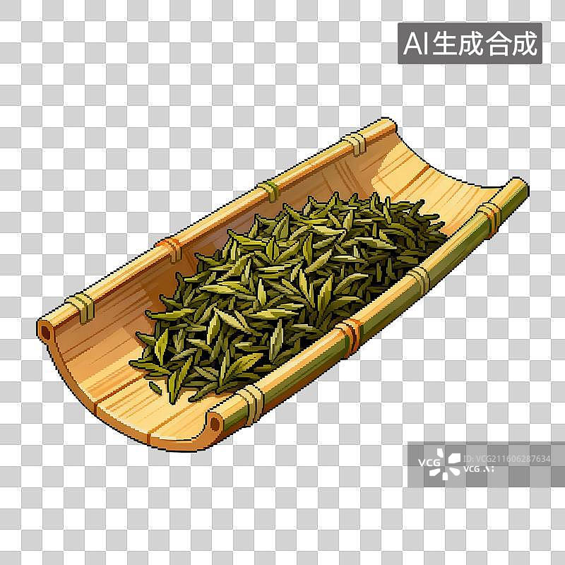 【AI数字艺术】国风手绘插画，绿茶，茶则里的茶叶，绿叶，茶叶，茶树，叶子，绿茶，春茶，茶道，茶文化免抠元素图片素材