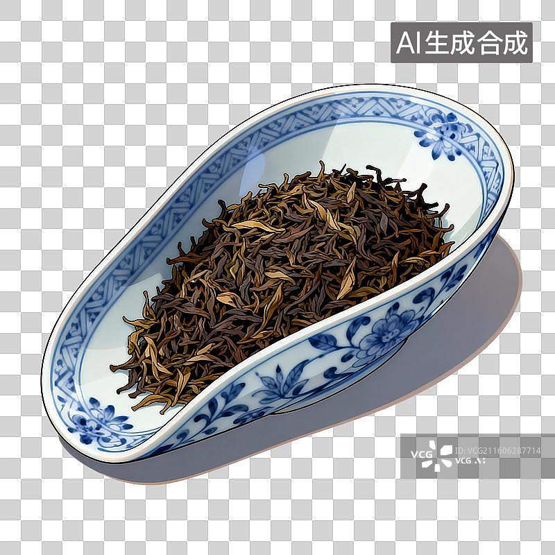 【AI数字艺术】国风手绘插画，青花瓷茶则里的茶叶，绿叶，茶叶，茶树，叶子，绿茶，春茶，茶道，茶文化免抠元素图片素材