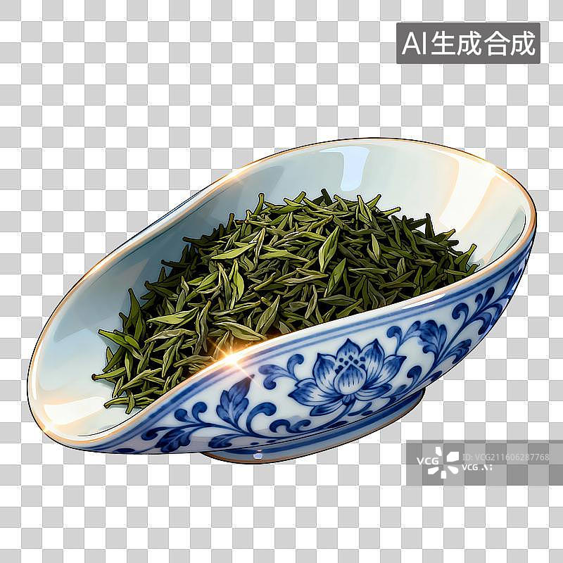 【AI数字艺术】国风手绘插画，青花瓷茶则里的茶叶，绿叶，茶叶，茶树，叶子，绿茶，春茶，茶道，茶文化免抠元素图片素材