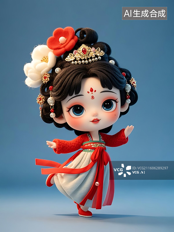 【AI数字艺术】身着汉服的可爱卡通娃娃，头戴精美配饰图片素材