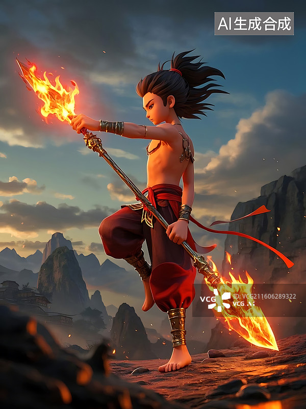 【AI数字艺术】手持火焰长矛的少年武者图片素材