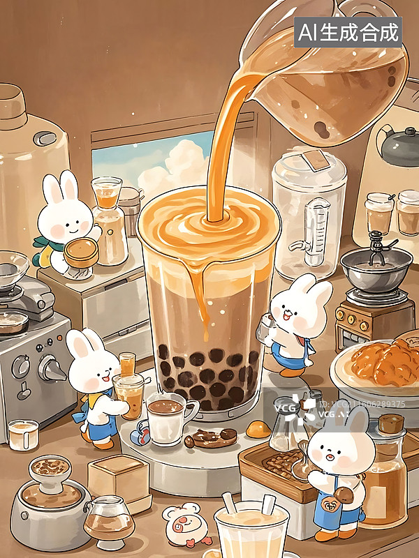 【AI数字艺术】可爱兔子制作珍珠奶茶的温馨场景图片素材