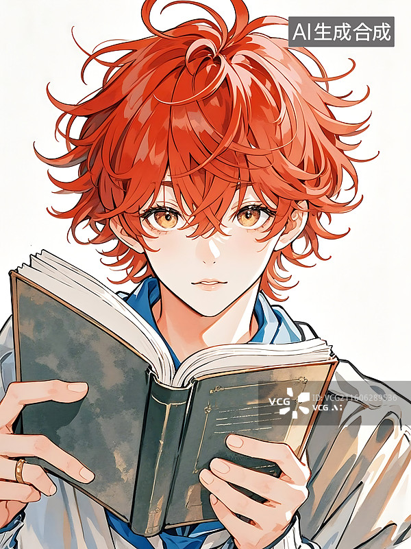 【AI数字艺术】红发少年专注读书图片素材
