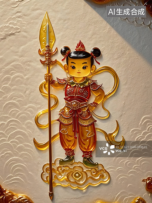 【AI数字艺术】神童手持长枪，祥云环绕，守护神图片素材