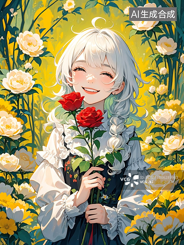 【AI数字艺术】手捧玫瑰的甜美女孩在花丛中绽放笑容图片素材
