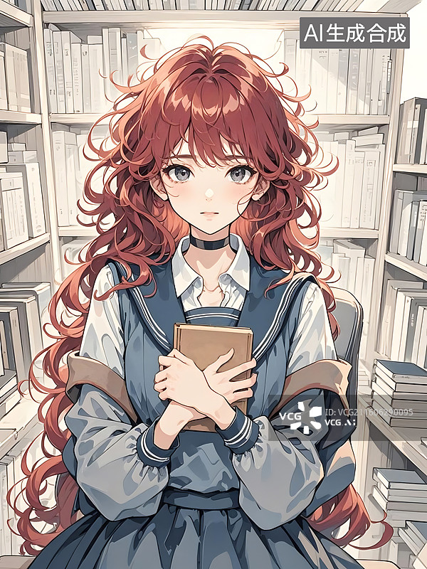 【AI数字艺术】图书馆里的红发少女图片素材