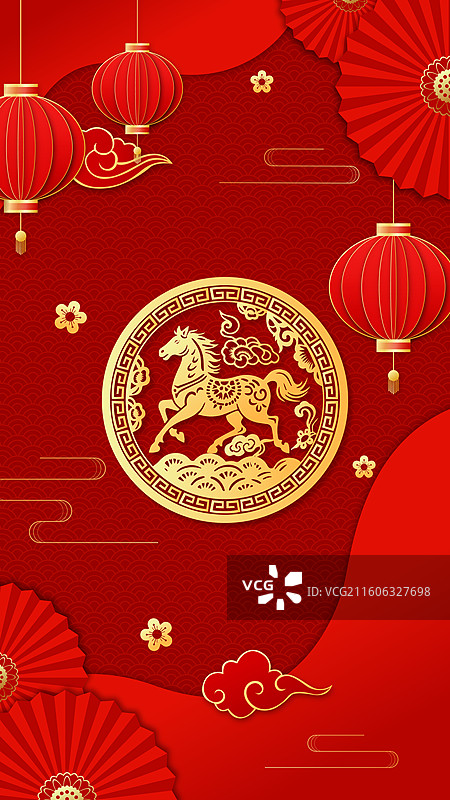 2026马年春节十二生肖午马金色剪纸矢量插画图片素材