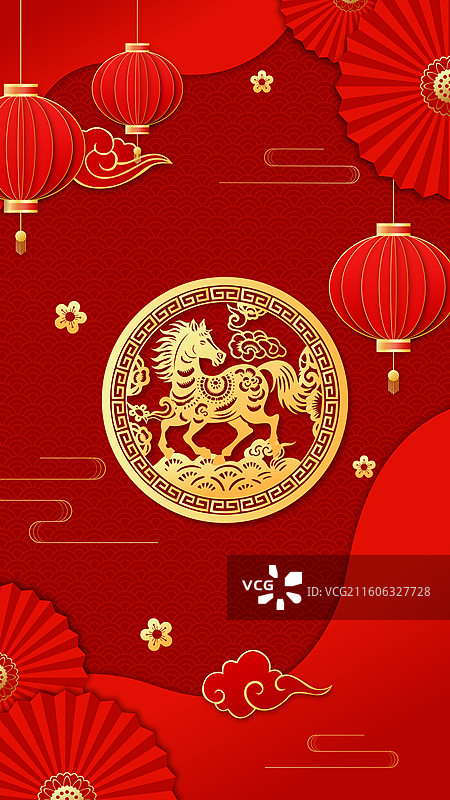 2026马年春节十二生肖午马金色剪纸矢量插画图片素材