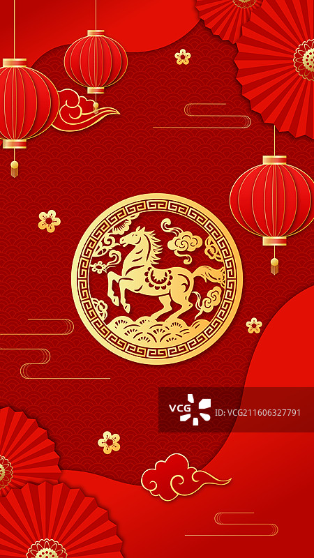 2026马年春节十二生肖午马金色剪纸矢量插画图片素材